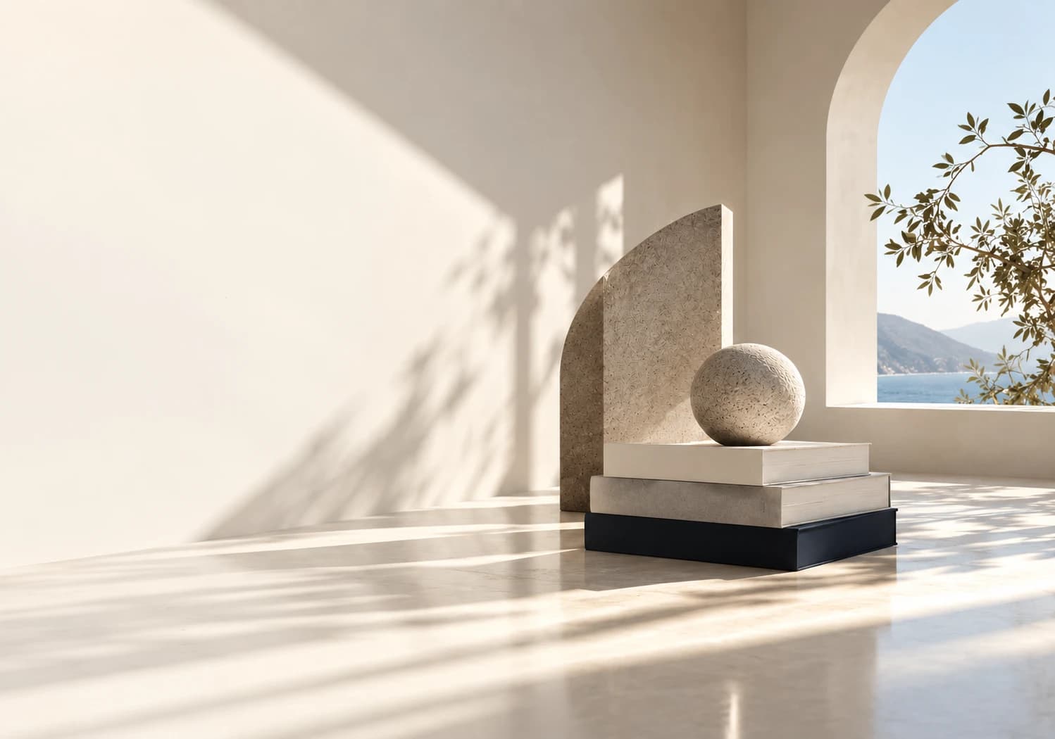Sunlit stone sculpture and stacked books beside an arched window overlooking the sea