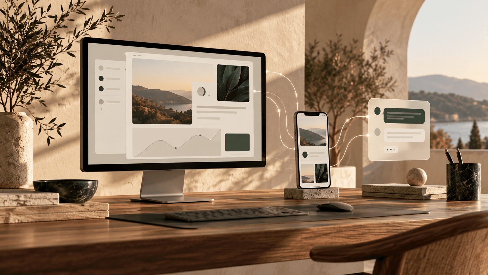 A sunlit digital studio workspace showing a desktop website, mobile app interface, connected automation lines and an AI conversation panel